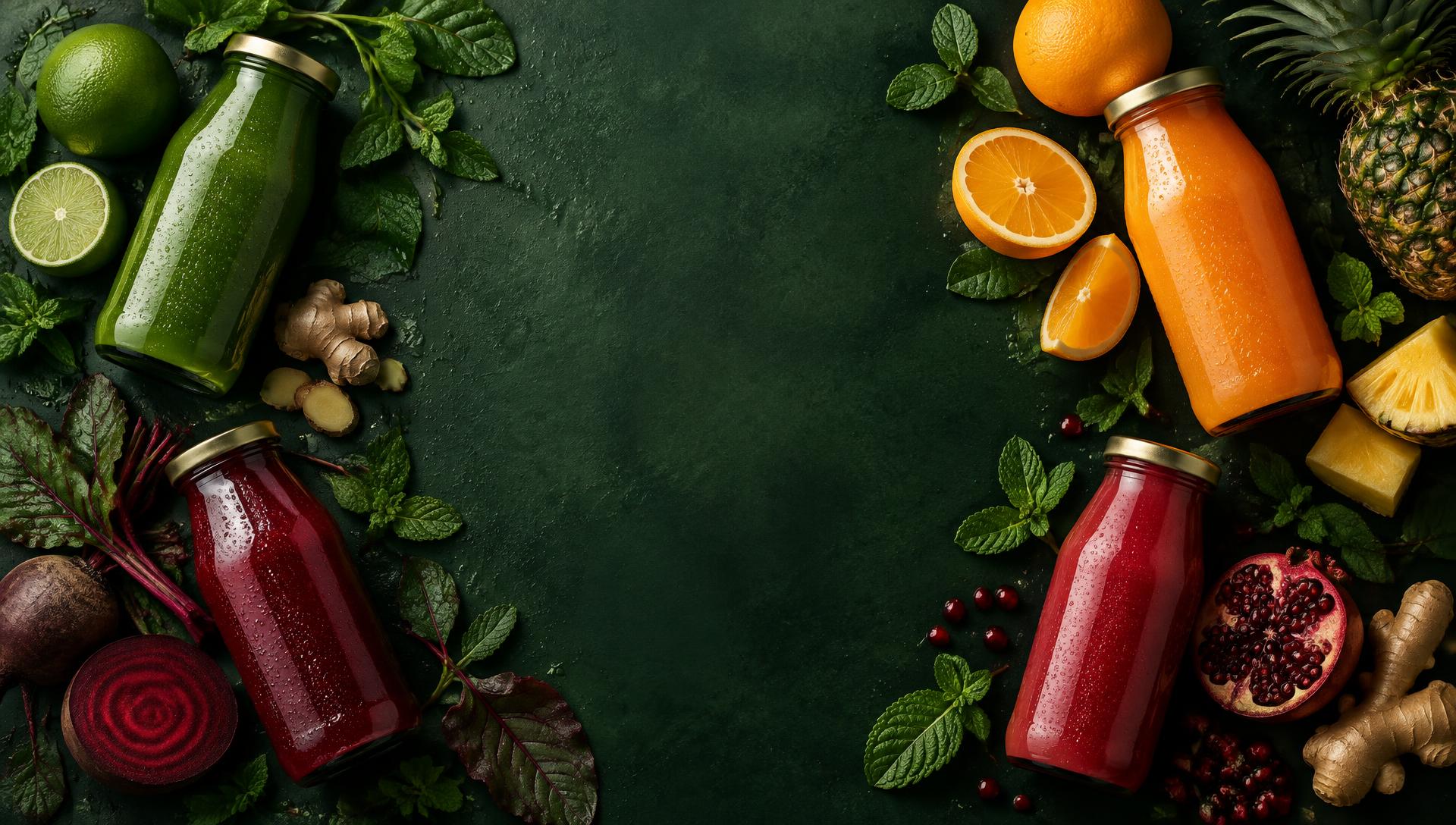 Cold-pressed juice bottles surrounded by fresh fruit